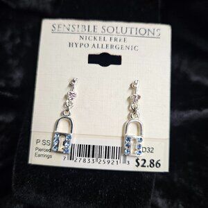 Sensible Solutions Lock and Key silver tone earrings with blue/pink stones